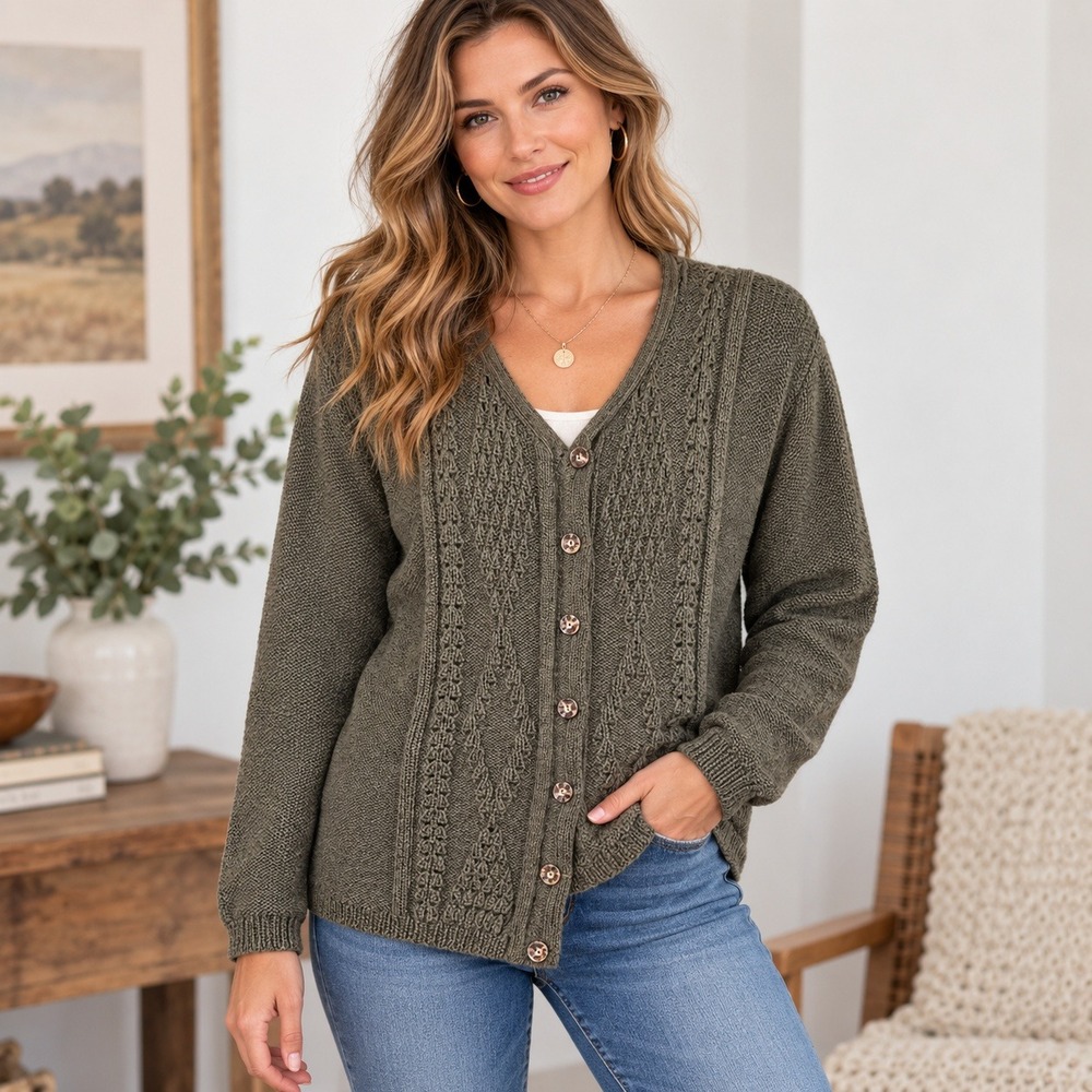 Lanamoden Salzburg Womens Pure New Wool Cable Knit Cardigan Sweater Brown